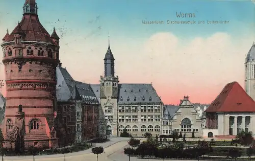 AK Worms Wasserturm Lutherkirche Eleonorenschule Rheinland-Pfalz 1916 Postkarte