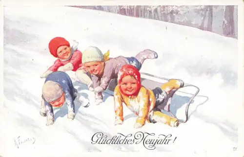 AK Neujahr Kinder Schnee Schlitten Künstlerkarte K. Feiertag Nr 677-1