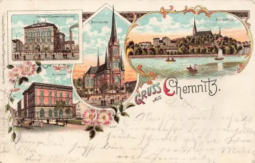 Gruss aus Chemnitz Lehranstalt und Reichsbank Sachsen Litho Postkarte AK 1901