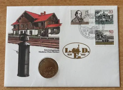 Numisbrief Bahnhof Niederau mit 5 Mark DDR Eisenbahn 1988