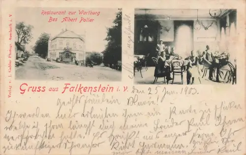 AK Falkenstein Restaurant zur Wartburg Sachsen Vogtland 1903 gelaufen Postkarte