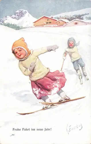 AK Neujahr Kinder Ski Winter Schnee Künstlerkarte K. Feiertag Nr 2900-3