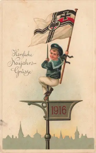 AK 1.WK Neujahrsgrüsse kleiner Matrose Reichsfahne 1916 Patriotika Geprägt