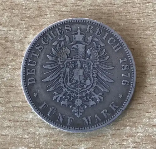 5 Mark Stadtwappen Hamburg 1876 J Silbermünze