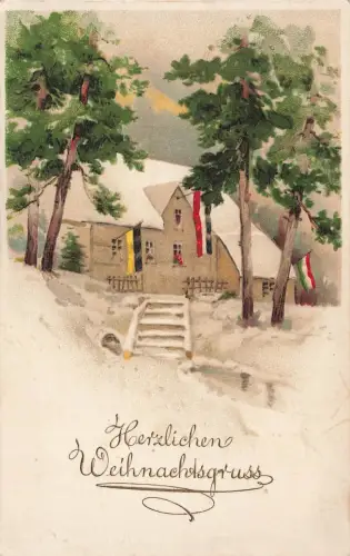 AK Herzlichen Weihnachtsgruß! Haus mit Waffenbrüder Fahnen 1916 gelaufen Geprägt