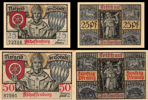 2 x Notgeld ASCHAFFENBURG Bischof mit Wappen
