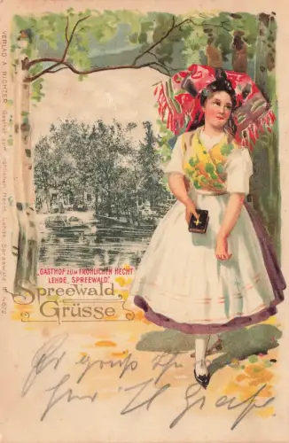 AK Lehde Gasthof Fröhlichen Hecht Brandenburg Spreewald 1908 gelaufen Postkarte