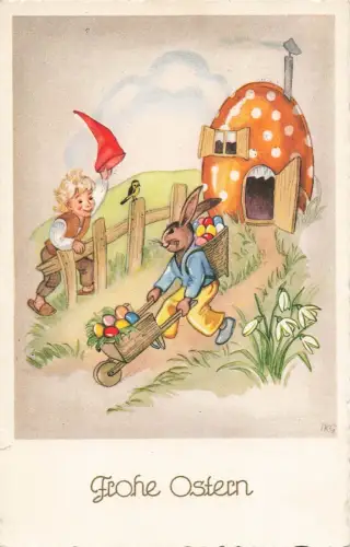 Frohe Ostern AK Hase am Haus Postkarte Hamburg 1956