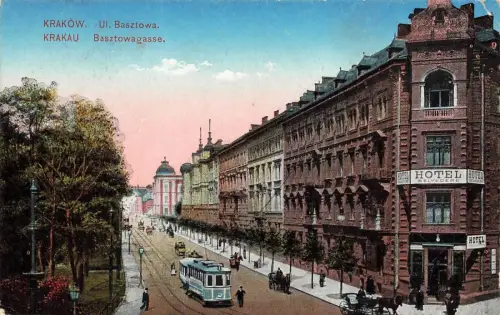 AK Krakau Basztowagasse Straßenbahn Hotel Polen gelaufen Postkarte