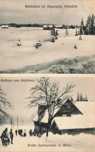 AK Mühlleithen Winter Gasthaus Sportsverkehr Sachsen Vogtland 1912 Postkarte