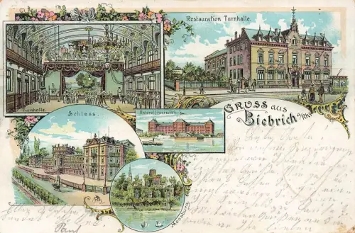 AK Biebrich Restauration Turnhalle Schloss Hessen 1906 gelaufen Postkarte Litho