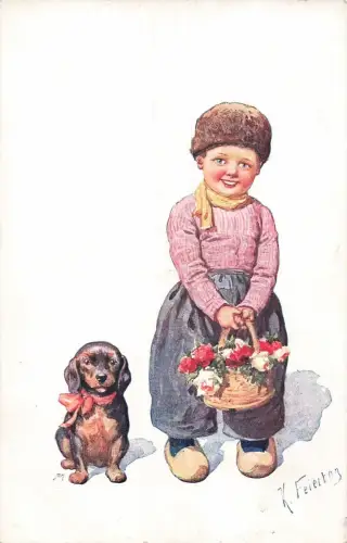 Dackel mit Junge Pelzmütze Künstler AK K. Feiertag