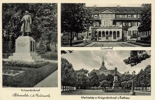 AK Bärwalde Luisenhof Denkmal Rathaus Neumark 1934 gelaufen Postkarte