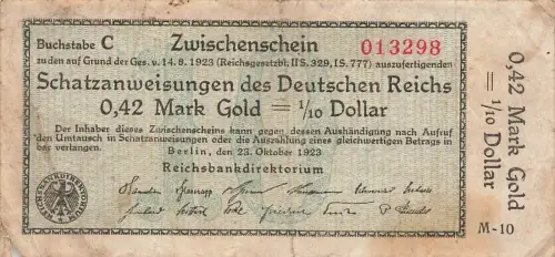 0,42 Mark = 1/10Dollar 23.10.1923 Schatzanweisung des Deutschen Reichs WBN-15a
