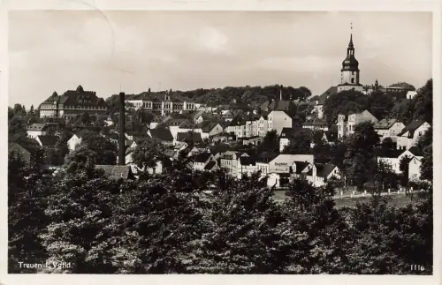AK Treuen Stadtansicht Kirche Sachsen Vogtland 1932 gelaufen Postkarte