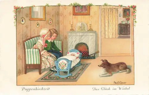 Puppenhochzeit Das Glück im Winkel Pauli Ebner ungelaufen Künstler Postkarte
