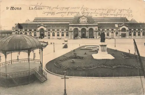 AK Mons La Gare Bahnhof Belgien 1915 gelaufen Postkarte
