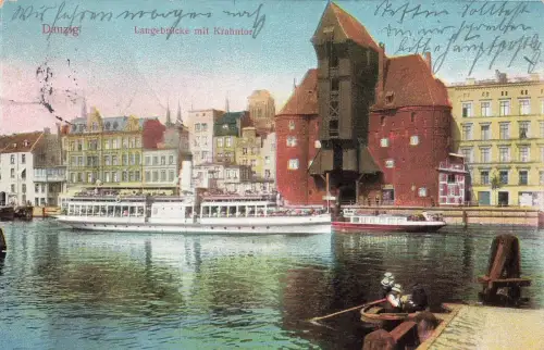 AK Danzig Langebrücke Dampfschiff Krahntor Danzig 1914 gelaufen Postkarte
