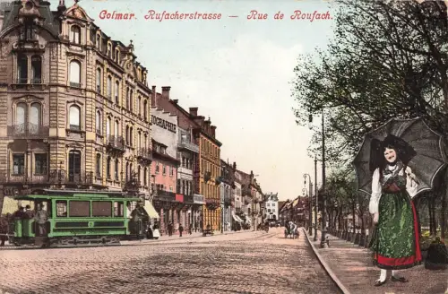 AK Colmar Rue de Roufach Rufacherstraße Straßenbahn 1907 gelaufen Postkarte