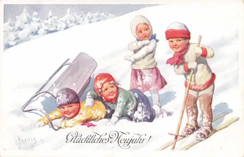 AK Neujahr Kinder Schnee Schlitten Ski Künstlerkarte K. Feiertag Nr 5