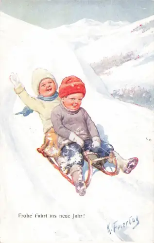 Neujahr Kinder Schlitten Künstlerkarte K. Feiertag Nr 5