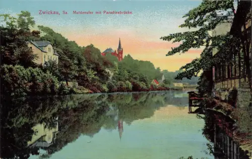 AK Zwickau Muldenufer Paradiesbrücke Sachsen 1907 gelaufen Postkarte