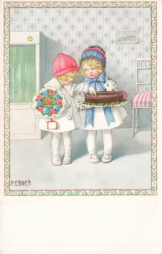 Kleine Mädchen Geburtstag Blumenstrauß Torte Paul Ebner 1269 Künstler Postkarte
