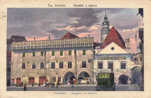 AK Krummau Ringplatz Rathaus Gasthaus zur Sonne Böhmen 1922 gelaufen Postkarte