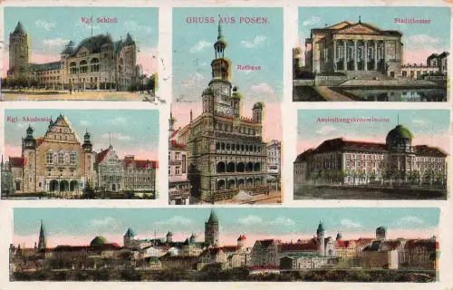 AK Posen Rathaus Schloss Stadttheater Akademie Posen 1917 gelaufen Postkarte