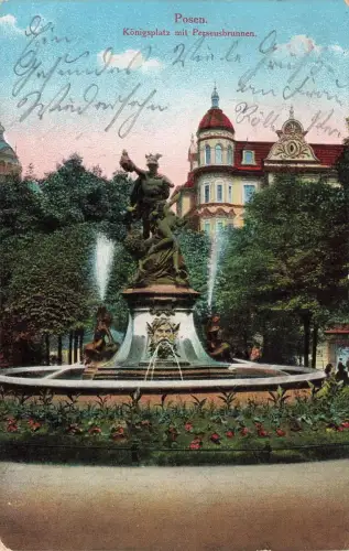 AK Posen Königsplatz Perseusbrunnen Posen 1915 gelaufen Postkarte