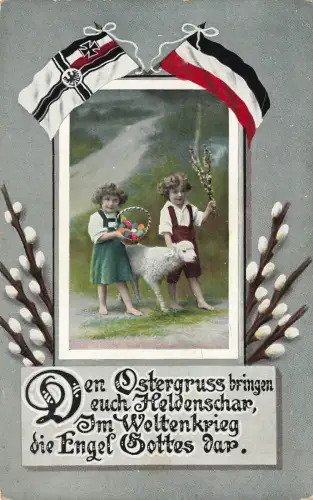 AK 1.WK Ostergruß kleine Kinder Schaf Reichsfahne Spruchkarte Patriotika