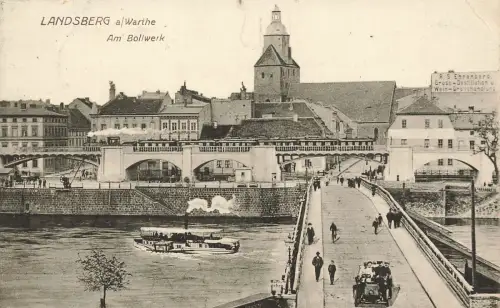 AK Landsberg Warthe Bollwerk Brücke Dampfschiff Ostbrandenburg 1916 gelaufen