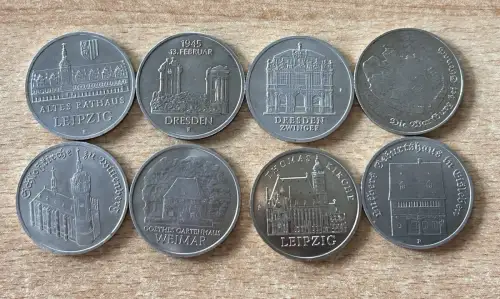 Lot / Konvolut 8 x DDR Münzen 5 Mark Leipzig,Dresden, Weimar, Eisenach, Eisleben