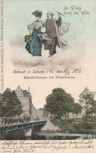 Bahnhofstrasse mit Elsterbrücke Oelsnitz Erzgebirge Sachsen Fotomontage AK 1906