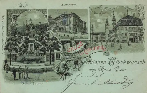 AK Chemnitz Theater Saxonia Brunnen Hauptmarkt Sachsen 1899 Mondschein-Postkarte