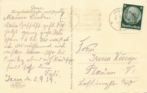 AK Jena Bürgelschestraße Straßenbahn Jenzig Thüringen 1939 Postkarte