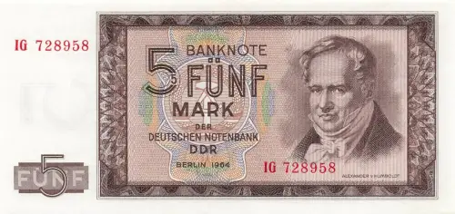 DDR Banknote 5 Mark 1964 Alexander v. Humboldt Ro: 354a Kassenfrisch / UNC