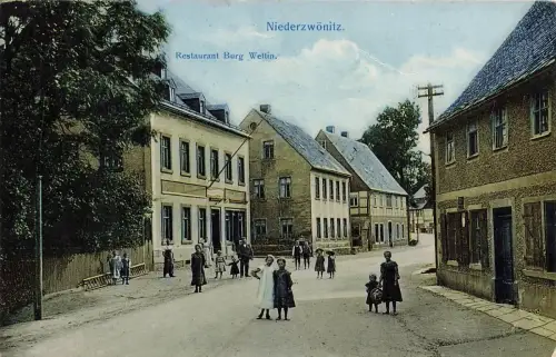 AK Niederzwönitz Restaurant Burg Wettin Sachsen 1915 gelaufen Postkarte