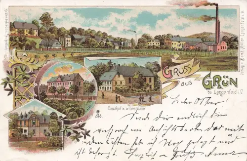 AK Grün bei Lengenfeld Vogtland Gasthof zum wilden Mann Schule gel. 1899 Litho