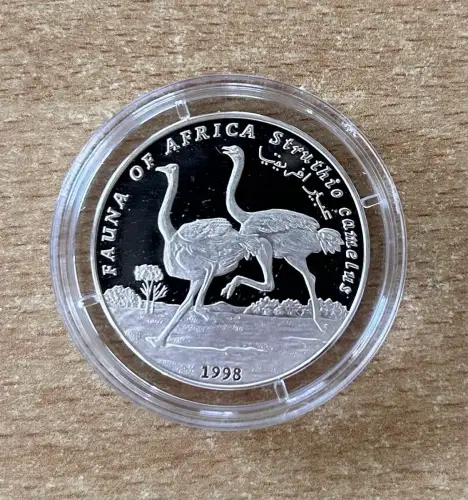 Somalia 10.000 Shilling 1998 Strauss Silber PP mit Zertifikat Tierwelt