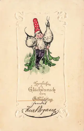 AK Geburtstag Glückwunsch Gartenzwerg Rüben 1905 gelaufen Postkarte geprägt