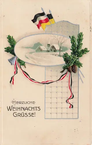 AK 1.WK Herzliche Weihnachts Grüsse Reichsfahne 1915 gelaufen Patriotika Geprägt