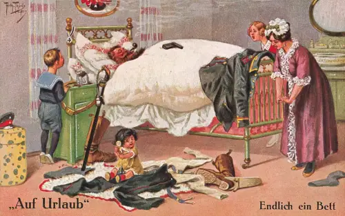 AK 1.WK Auf Urlaub Endlich ein Bett Soldat Familie Arthur Thiele Patriotika