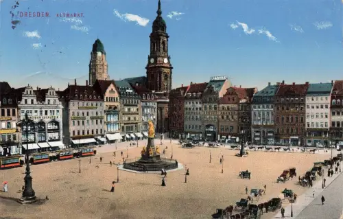 AK Dresden Altmarkt Straßenbahn Kutschen Sachsen 1915 gelaufen Postkarte
