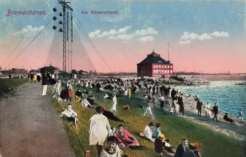 AK Bremerhaven Am Weserstrand Menschen Bremen 1922 gelaufen Postkarte