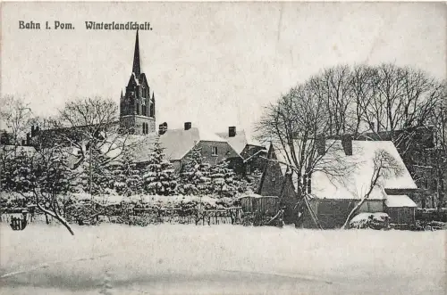 AK Bahn Banie Winterlandschaft Kirche Pommern ungelaufen Postkarte