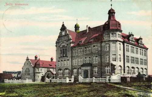 AK Zeitz Realschule Sachsen-Anhalt 1907 gelaufen Postkarte