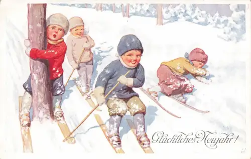 AK Neujahr Kinder Schnee Ski Künstlerkarte K. Feiertag Nr 6