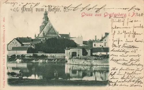 AK Greifenberg Kirche Bazar Pommern 1900 gelaufen Postkarte