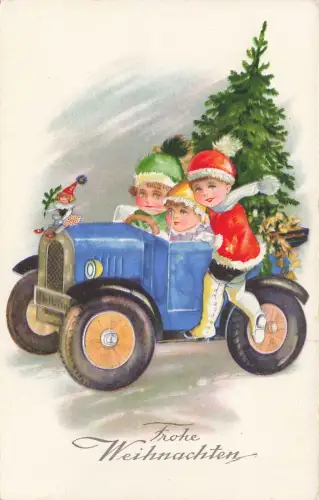 AK Frohe Weihnachten Auto Kinder Puppe